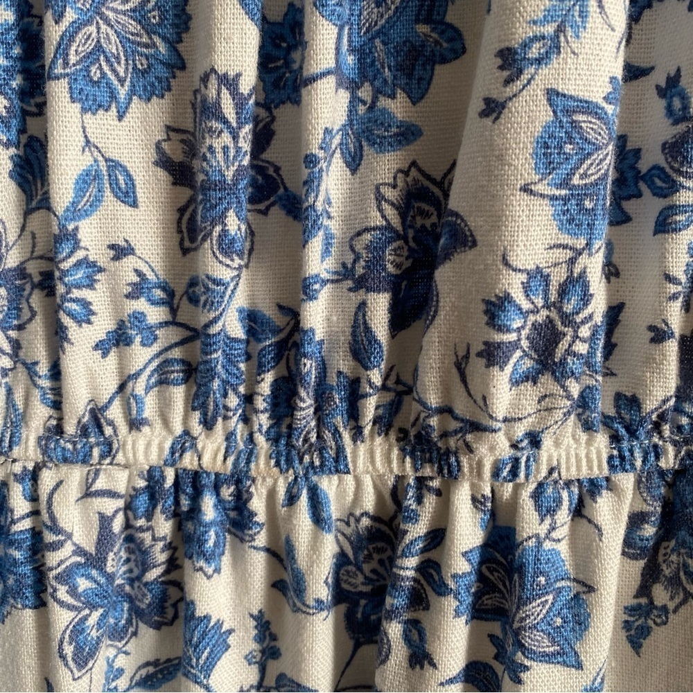 By The River Blue White Porcelain Floral Print Linen Blend Cut Out Midi Dress L - Picture 9 of 16